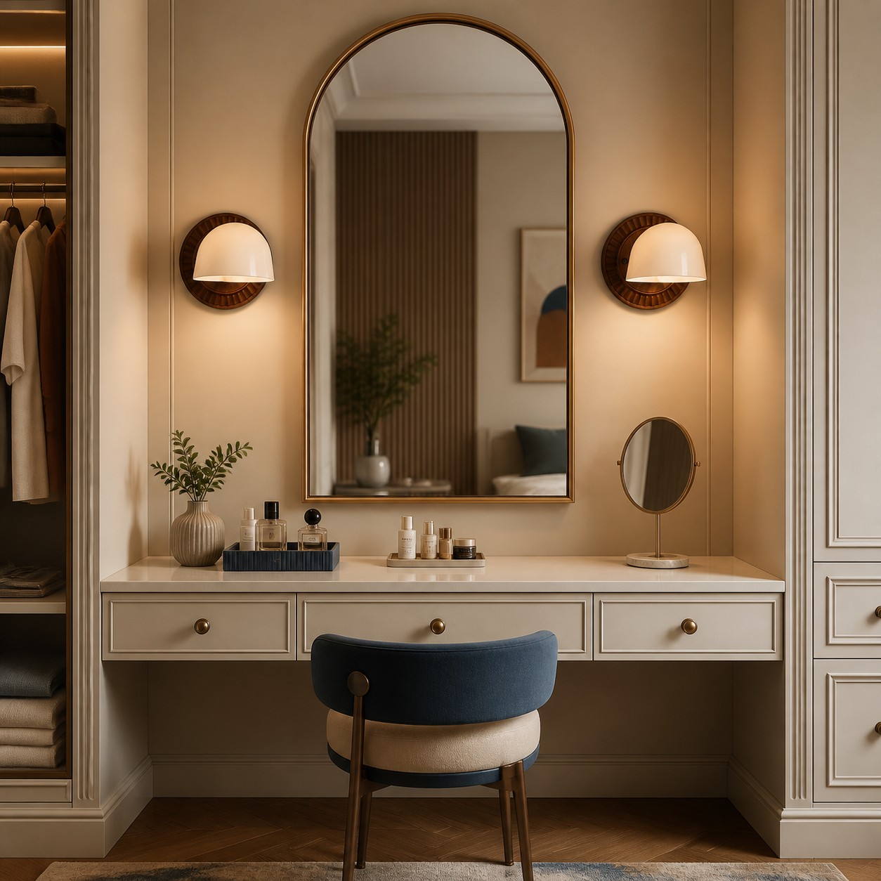 Two Vale sconces around a bathroom mirror