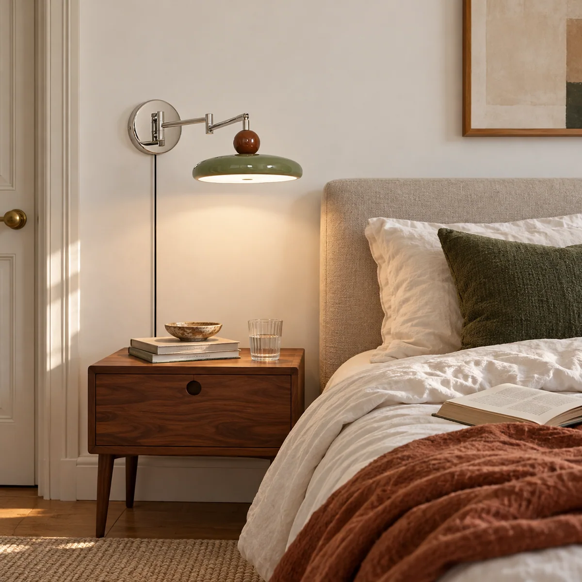 Drummond swing arm wall light in a furnished bedroom