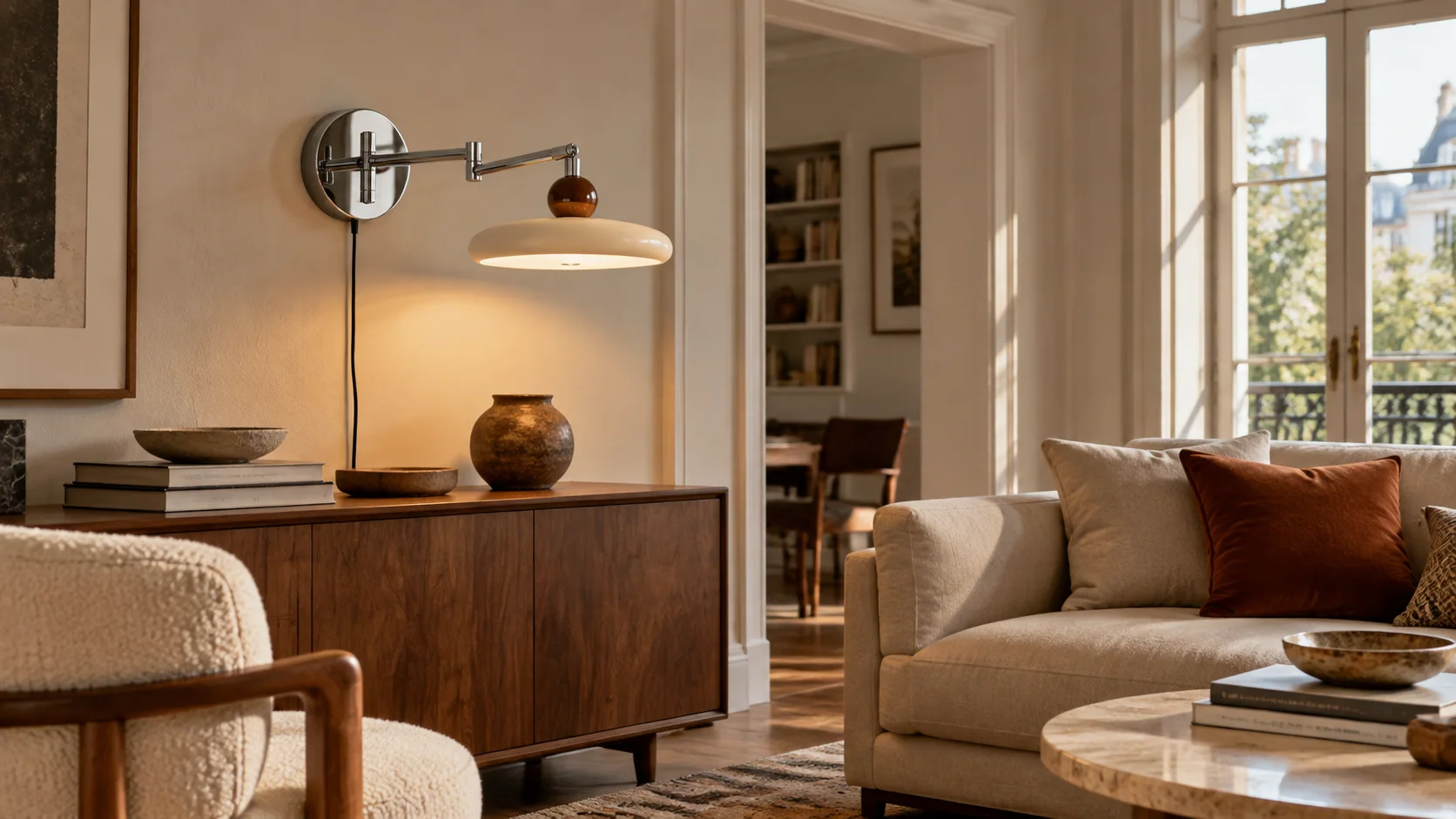 Complete Drummond cream swing arm wall light in a warm furnished living room