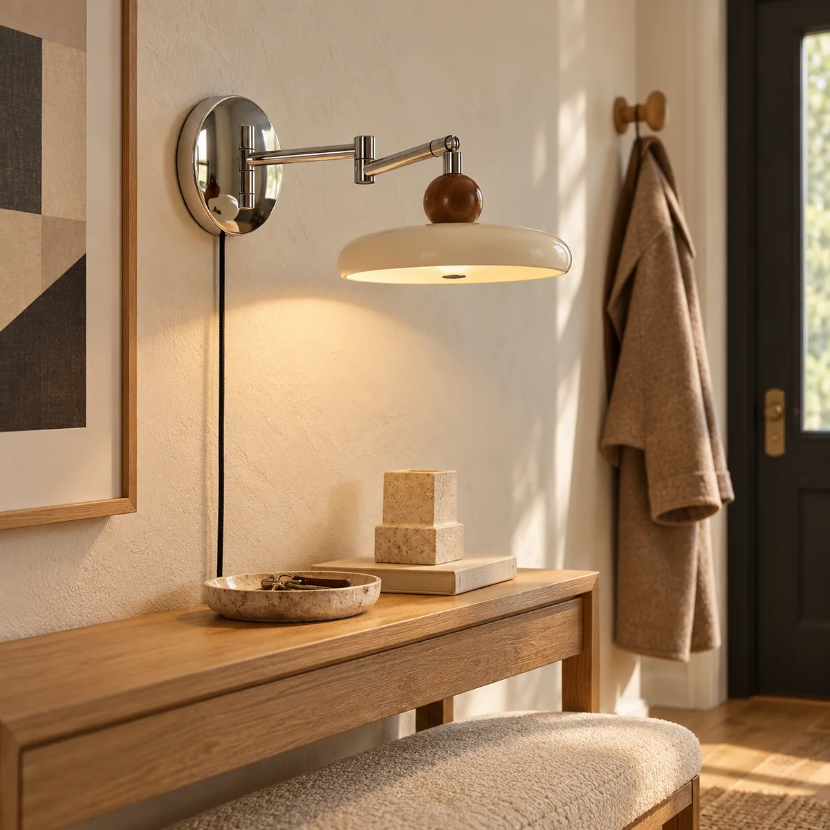Drummond swing arm wall light in a furnished entryway