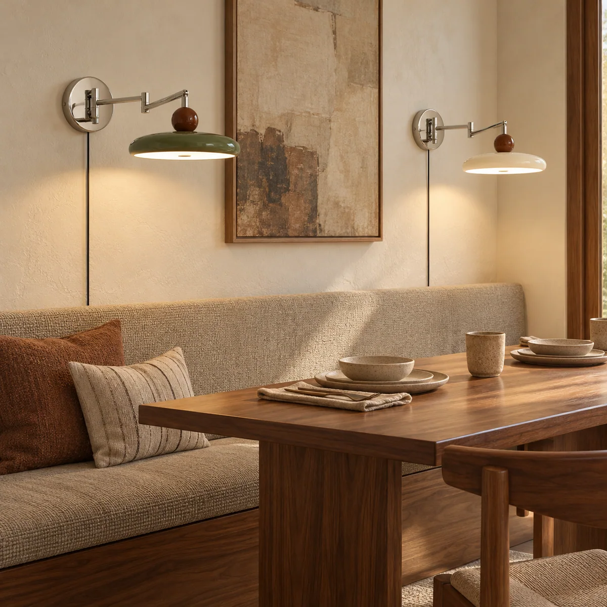 Drummond swing arm wall light in a furnished dining nook