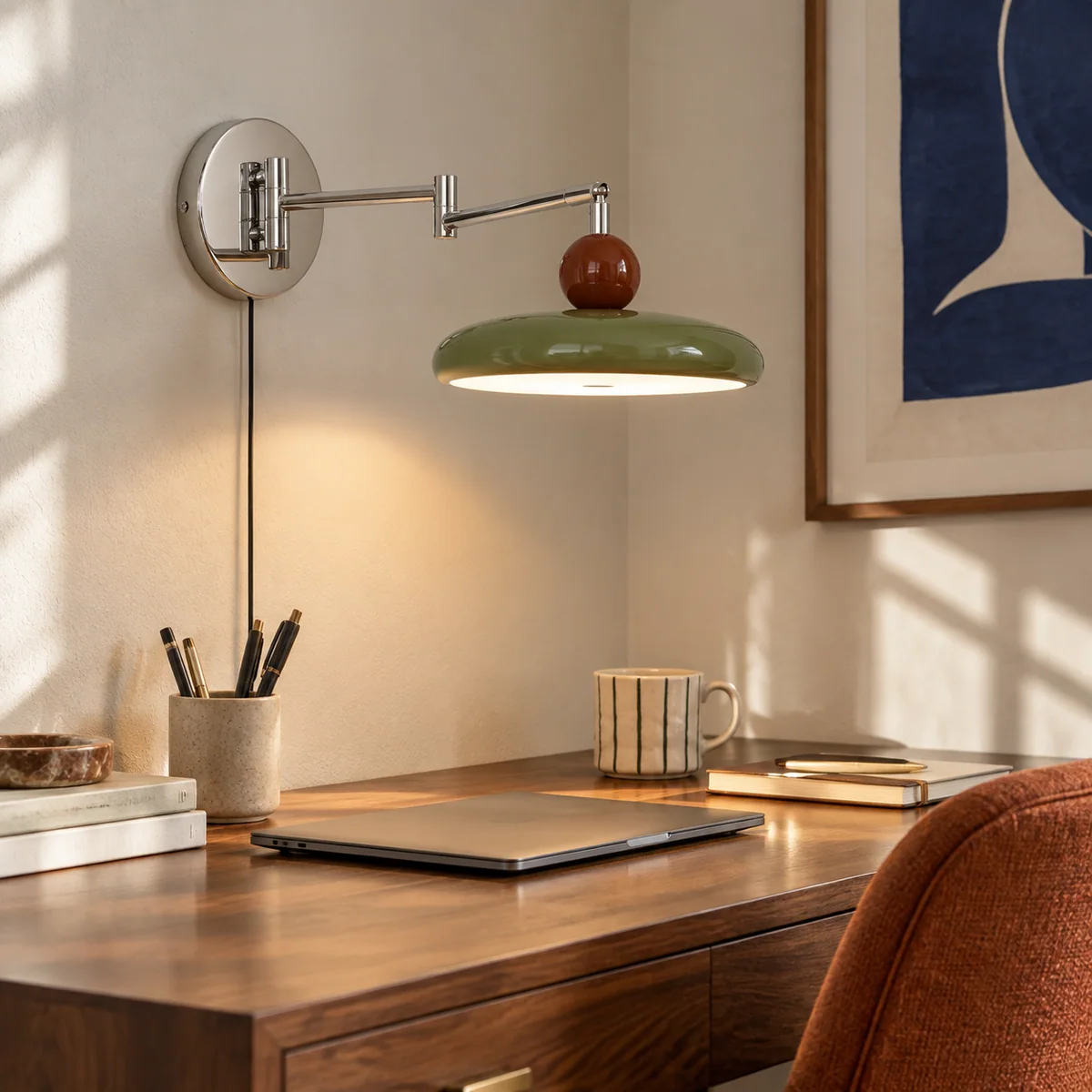 Drummond swing arm wall light in a furnished home office