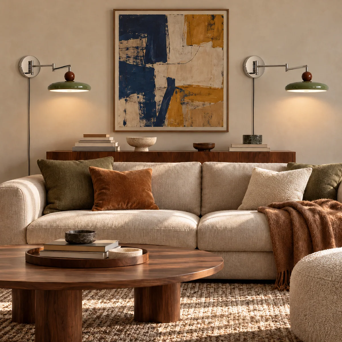 Drummond swing arm wall light in a furnished living room