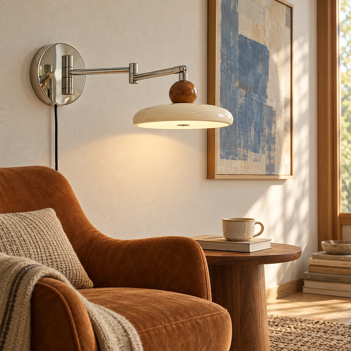 Drummond swing arm wall light in a furnished reading nook
