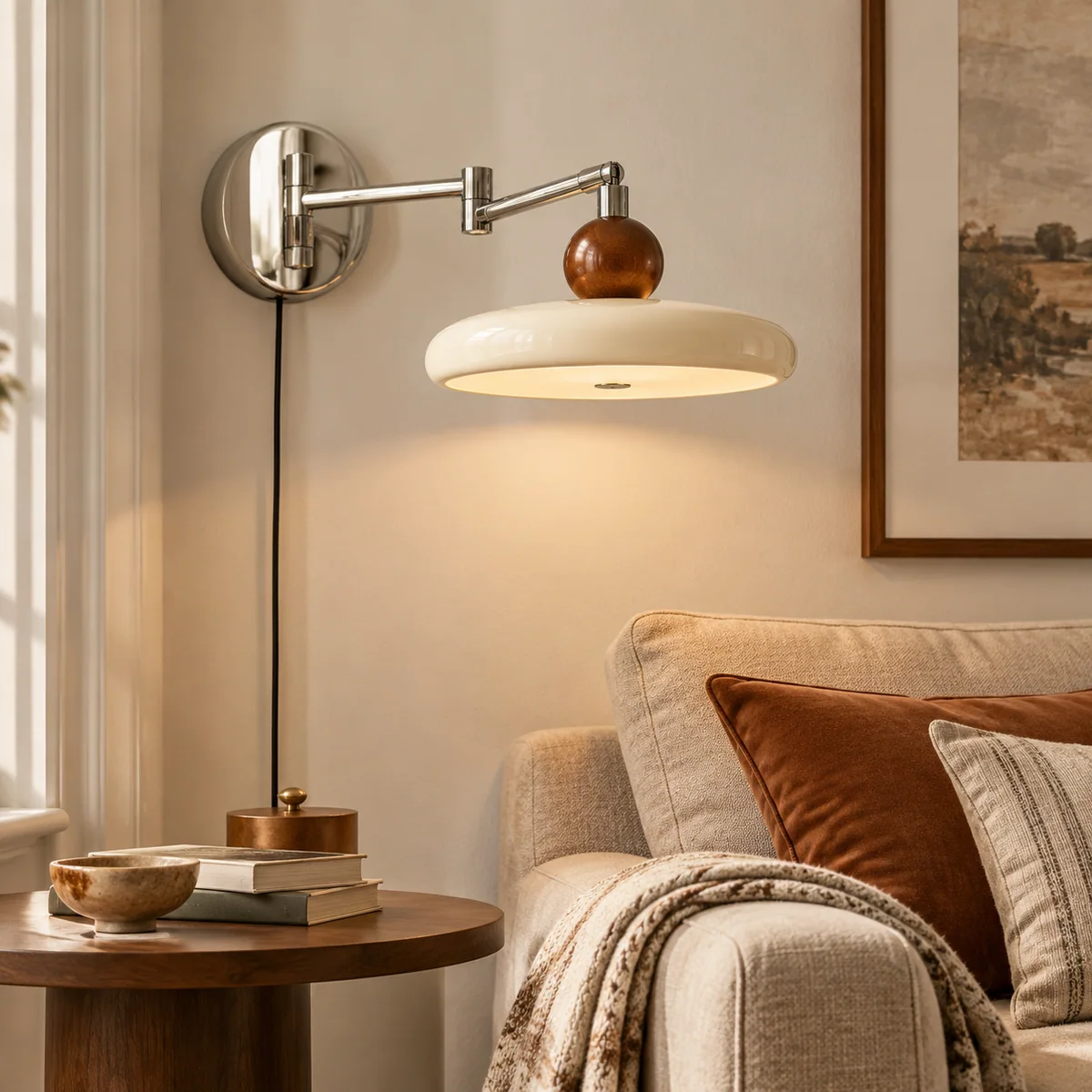 Drummond wall light switched on in the living room