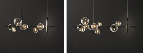 Lights of Scandinavia – Macrocosm – Moderne hängende Glaskugel-LED-Beleuchtung. Kronleuchter im nordischen Stil für Esszimmer, Bars, Restaurants oder warum nicht auch für das Café? 2 Größen – 90 oder 120 cm Breite. 7 Köpfe – Breite 90 cm, Höhe 30 cm, 7 x 5 W + 17 W. 10 Köpfe – Breite 100 cm, Höhe 30 cm, 10 x 5 W + 17 W