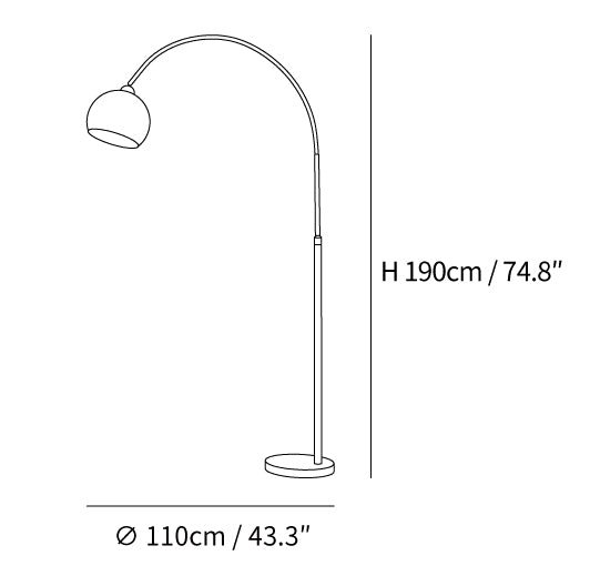 Größenangaben für die Stehlampe Angler: Durchmesser 110 cm, Höhe 190 cm