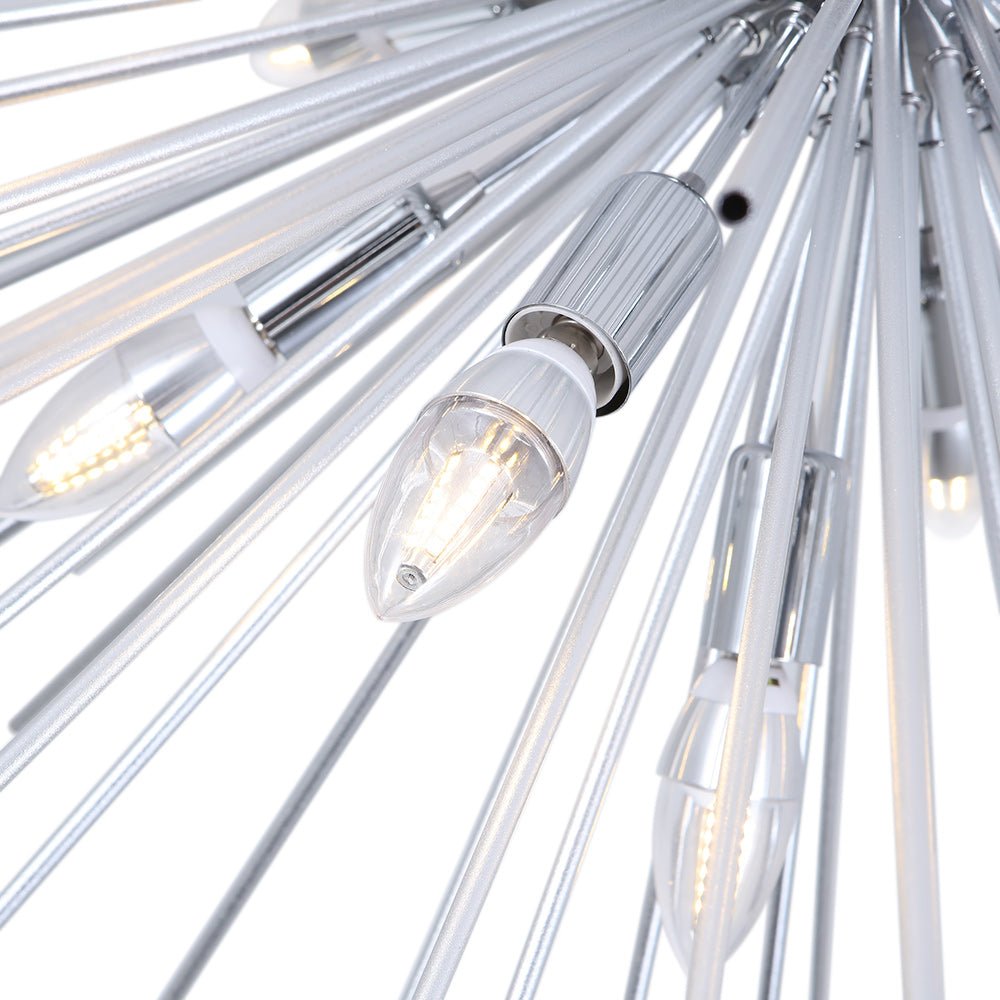Chrome finish close-up of rods, sockets, and bulbs on the sputnik ceiling light