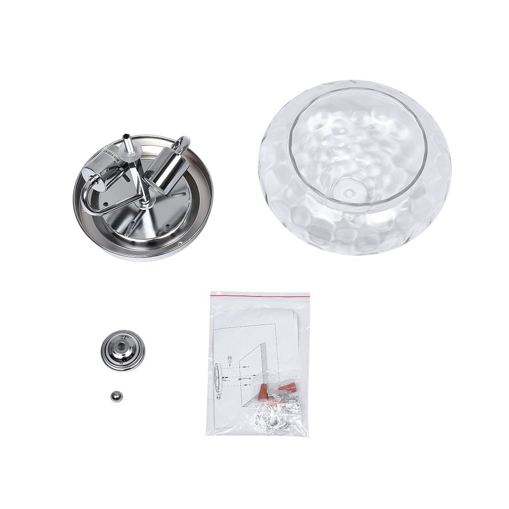 Componentes de luz de techo separados que incluyen dosel, pantalla de vidrio, remate y tornillos.