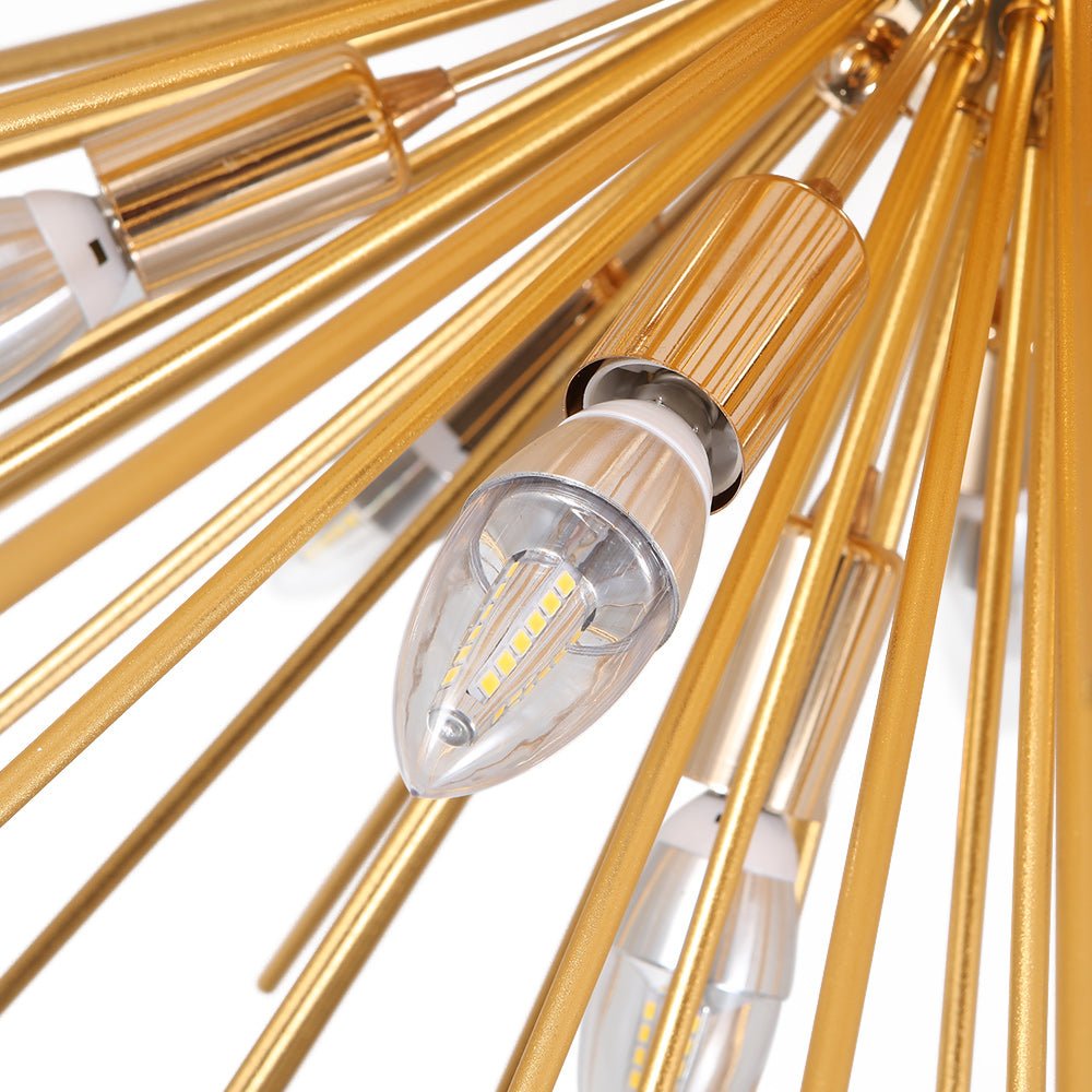 Gold finish close-up of rods, sockets, and bulb detail on the sputnik ceiling light