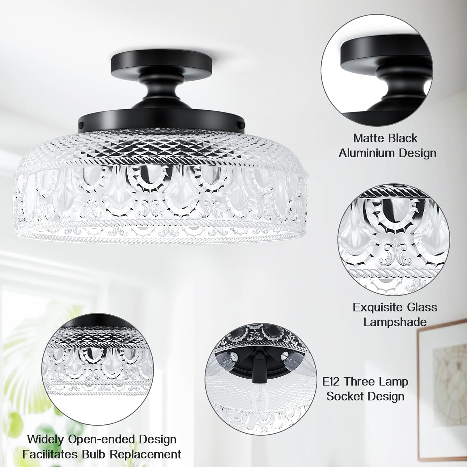 Luminária de teto de vidro transparente com estampa floral vintage Nysa Elva, detalhe em vidro 3.jpg__PID:fffa13ef-18ab-4f5b-84fe355322fa671b