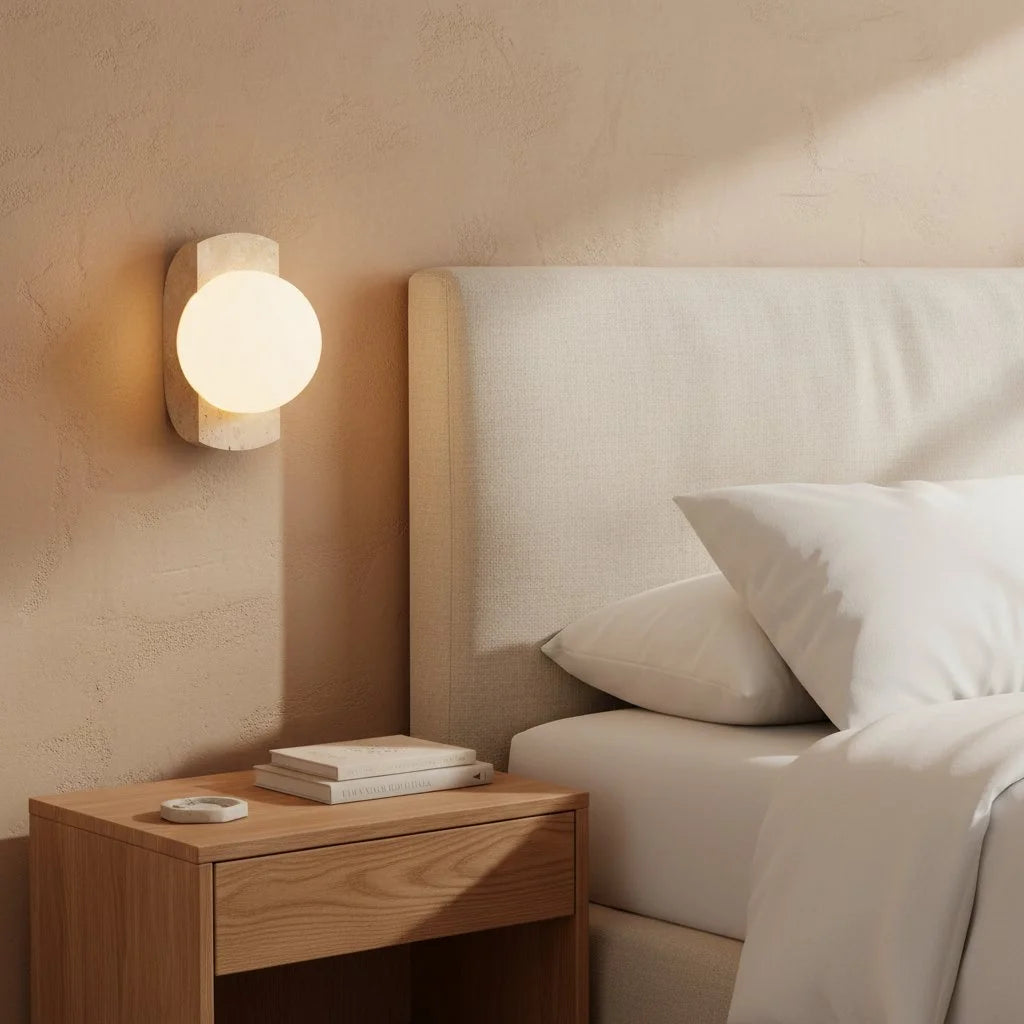 Robin Minimalist Travertine & Opaline Glass Globe Wall Sconce 9.webp__PID:2a9e193b-c03a-461f-94c6-1452bccab845