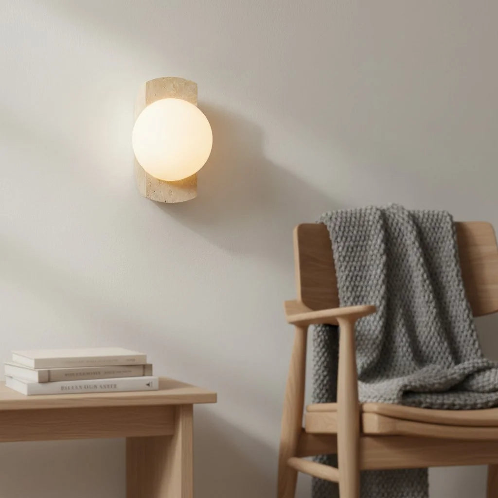 Robin Minimalist Travertine & Opaline Glass Globe Wall Sconce 5.webp__PID:4e6a389d-2a9e-493b-803a-261f14c61452