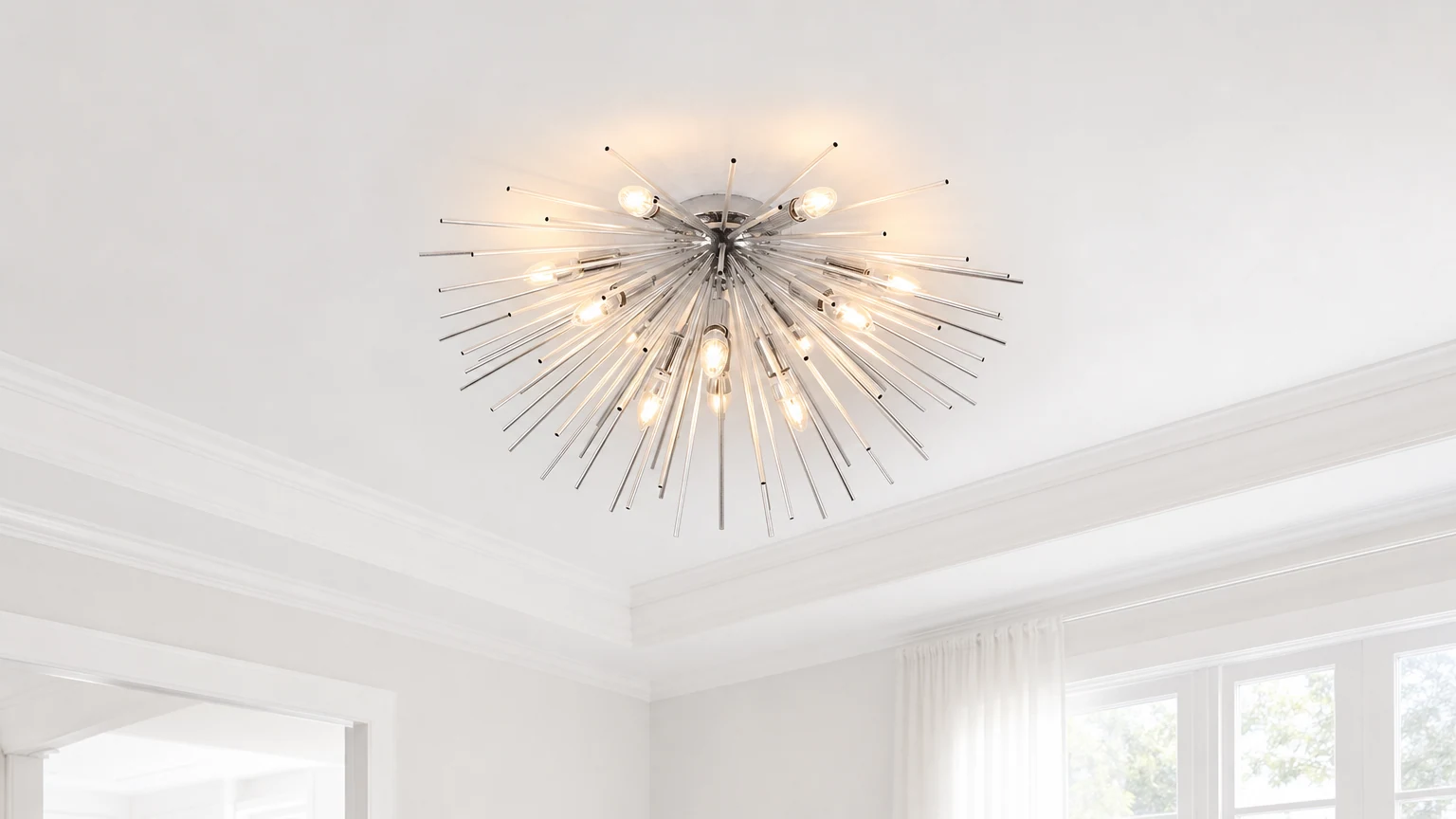 Modern Sputnik firework flush mount ceiling light shown in a room setting