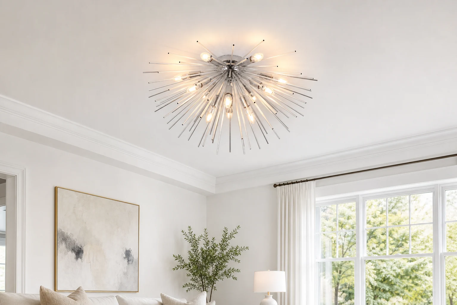 Modern sputnik ceiling light shown in a lifestyle interior scene