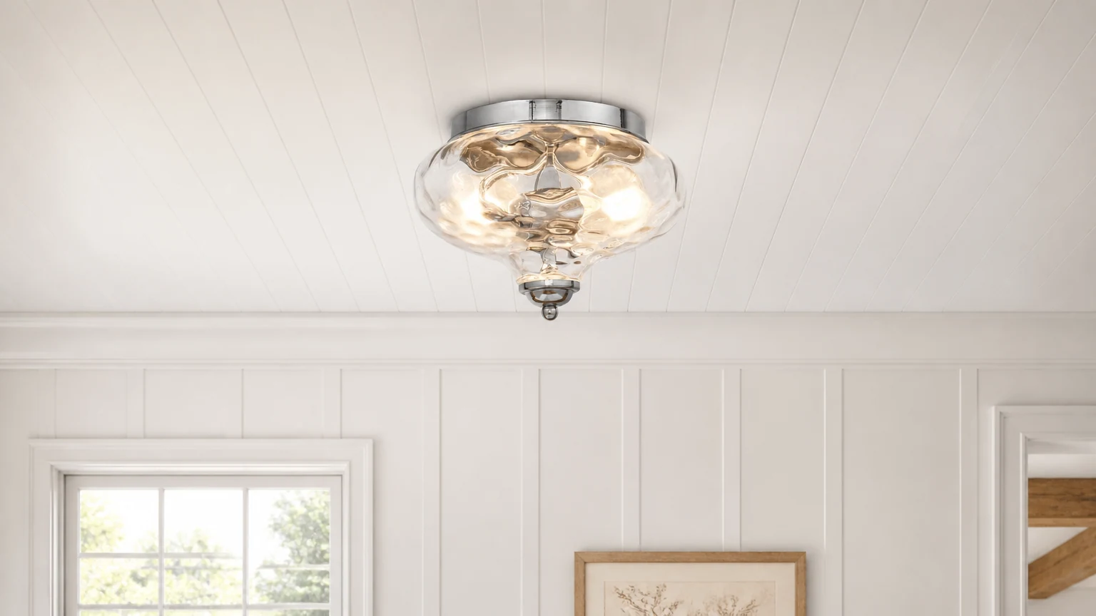 Lámpara de techo empotrada de dos luces de vidrio estilo granja instalada en una habitación
