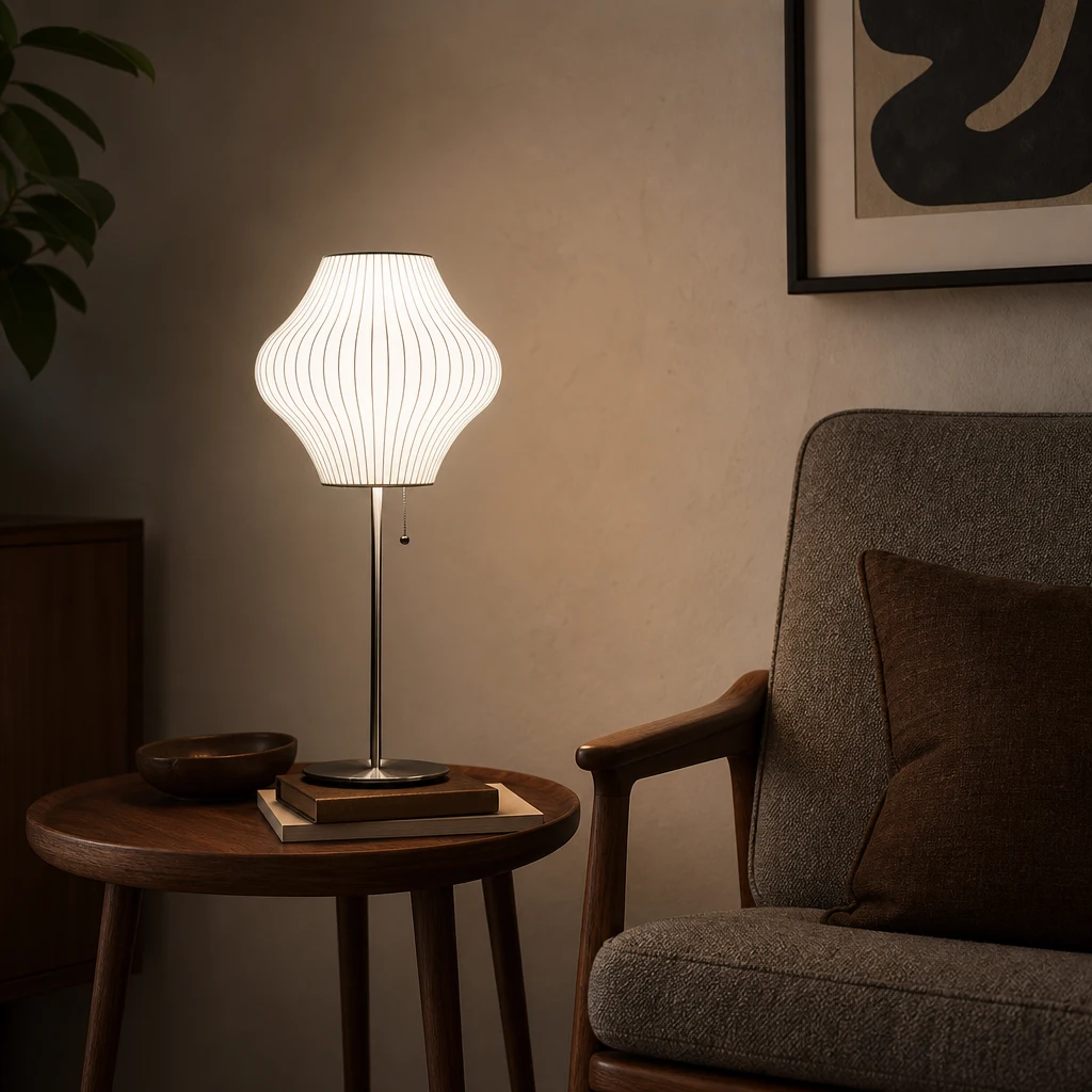 Moderne Bubble-Tischleuchte auf einem Beistelltisch im Wohnzimmer