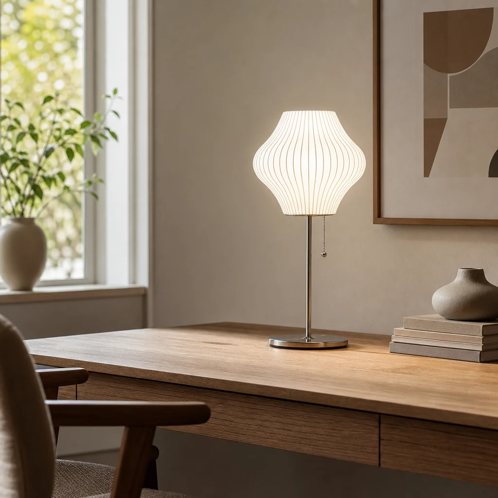 Eine Tischleuchte in Blasenform auf einem Schreibtisch im Homeoffice