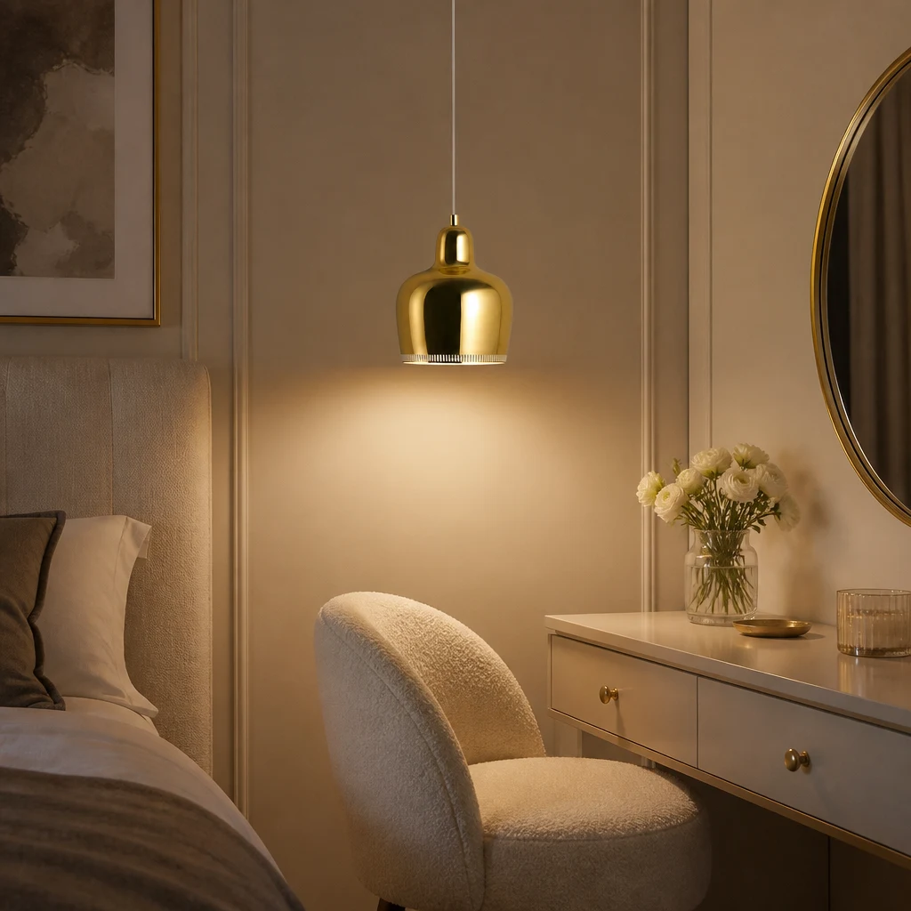 Golden bell pendant light above a dining table