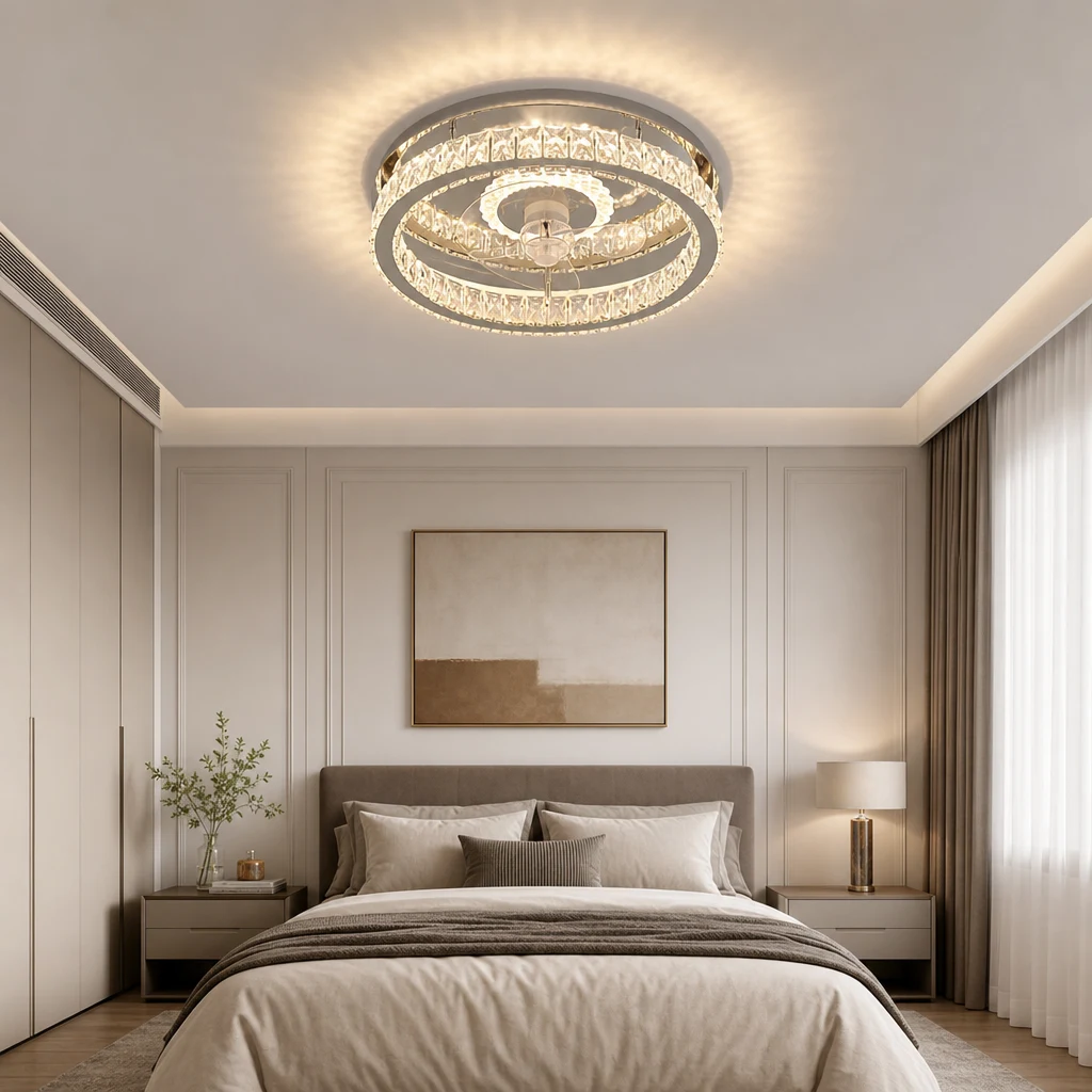 Chambre avec plafonnier ventilateur en cristal moderne