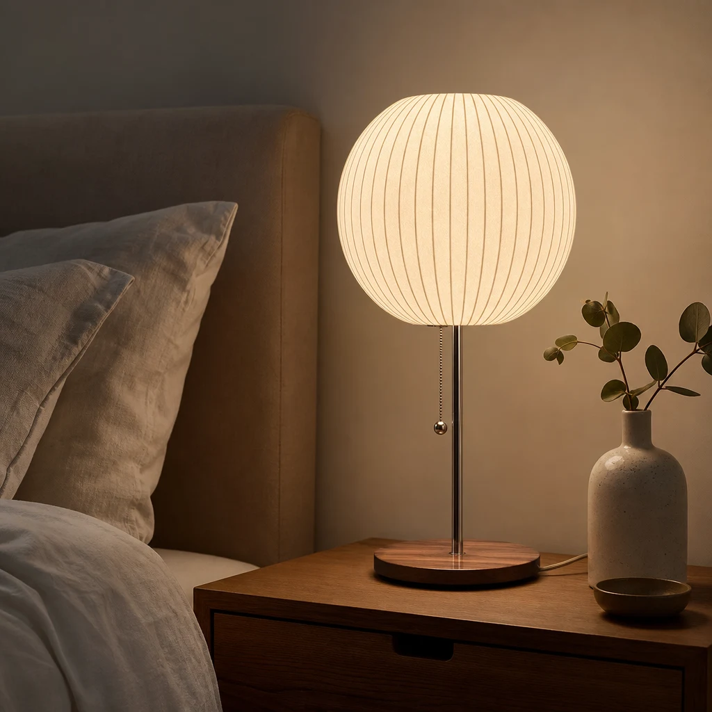 Die Bubble-Tischlampe steht auf einem warmen Nachttisch im Schlafzimmer.