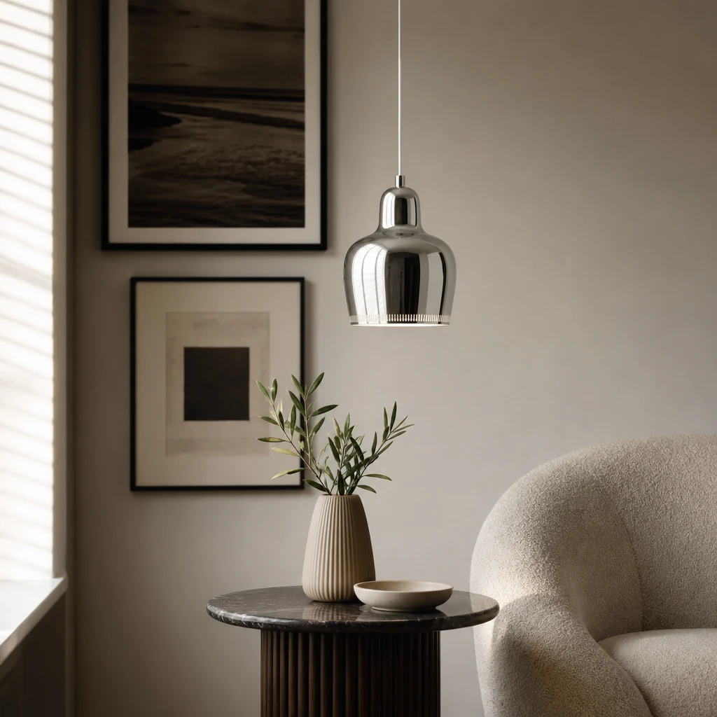 Bell pendant lights over a white table