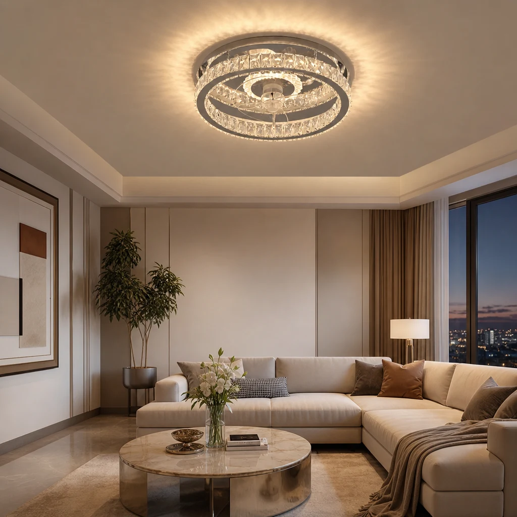 Soirée chaleureuse dans le salon avec un ventilateur de plafond en cristal