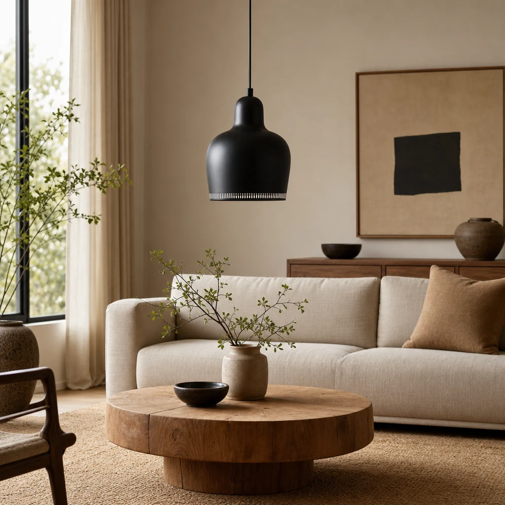 Gold bell pendant light in a bright dining room