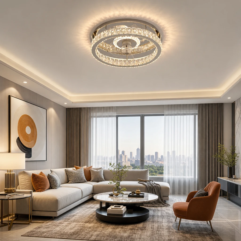 Ventilateur de plafond moderne avec éclairage LED en cristal installé dans un salon
