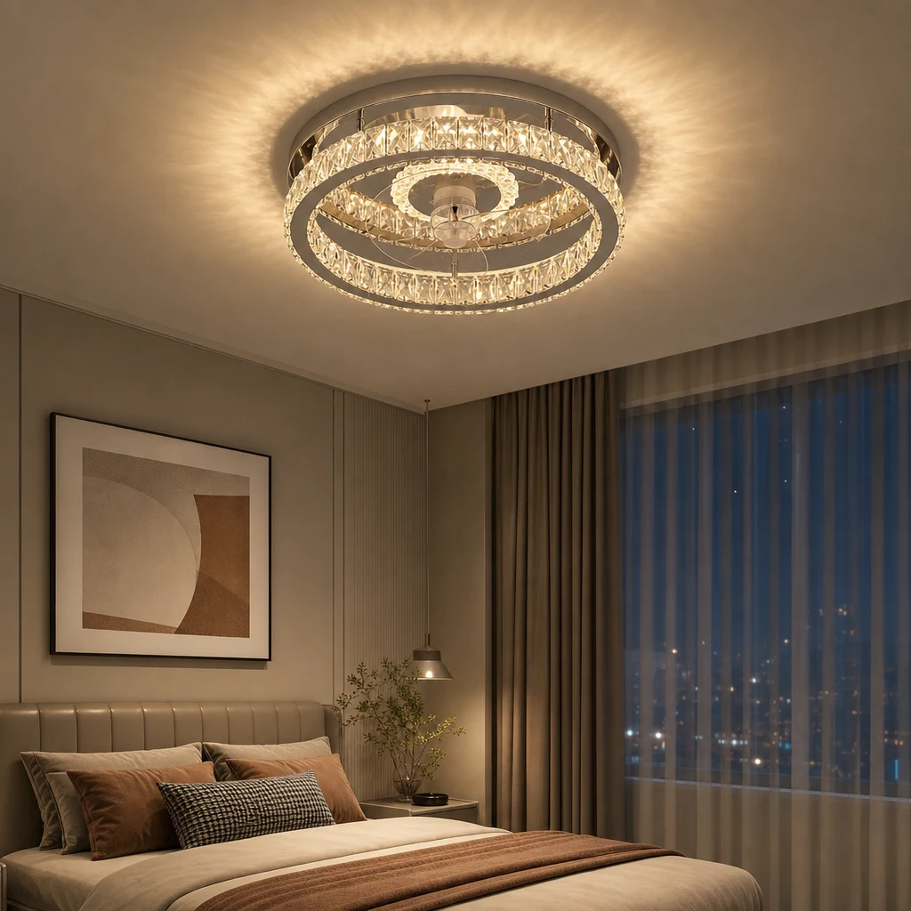 Scène de chambre chaleureuse et tamisée avec un ventilateur en cristal