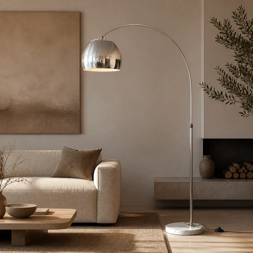 Lampa podłogowa z łukowym kloszem w chromie w eleganckim salonie