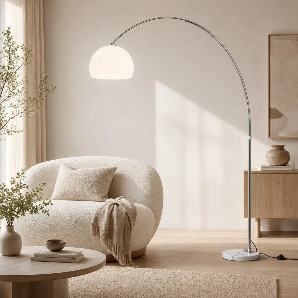 Łukowa lampa podłogowa z białym kloszem w jasnym salonie