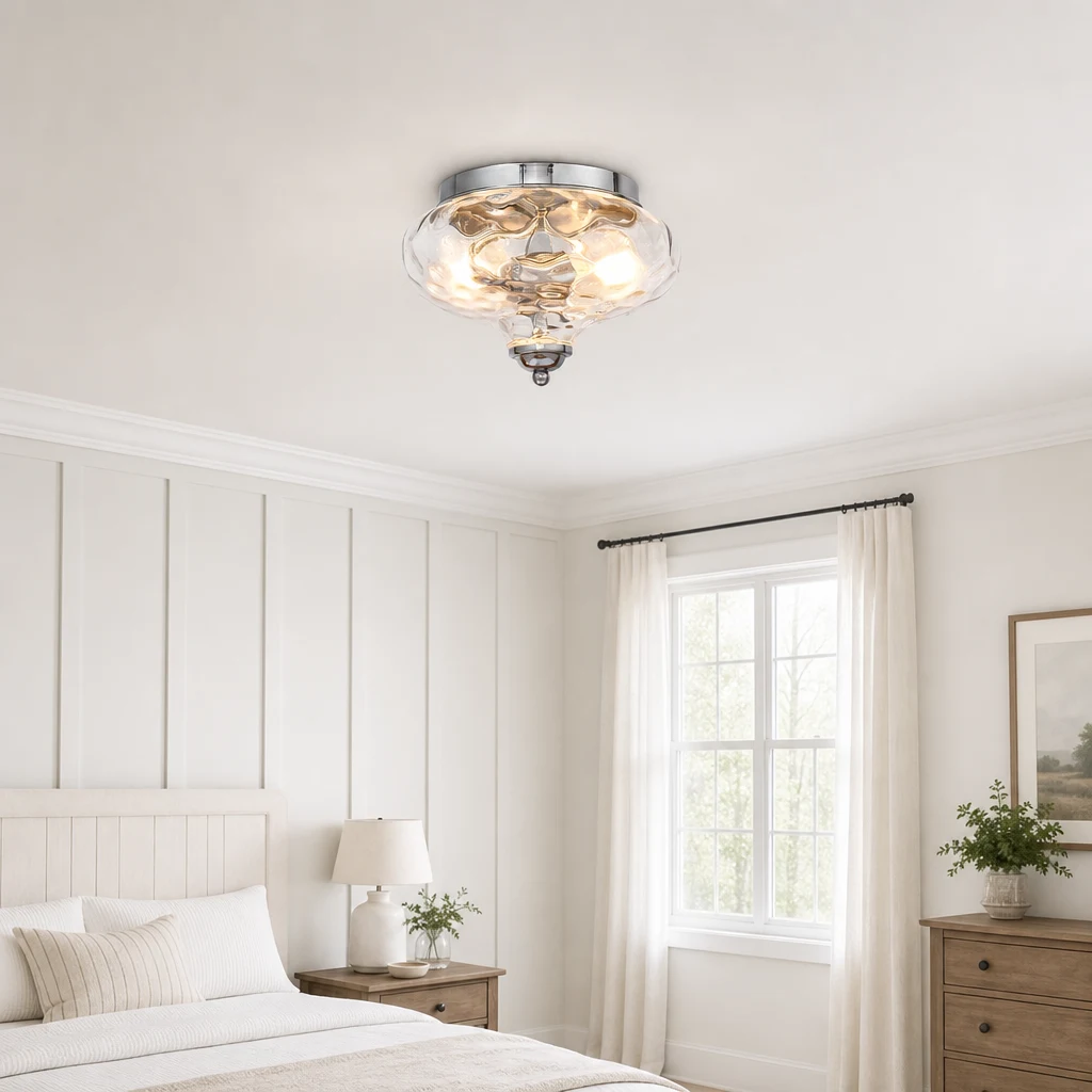 Techo del dormitorio con la lámpara de techo empotrada de cristal de estilo rústico totalmente visible