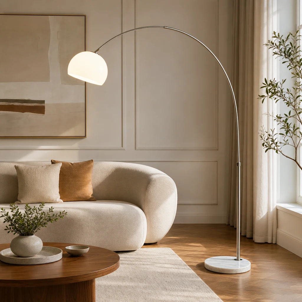 Łukowa lampa podłogowa Sneedville ustawiona obok sofy