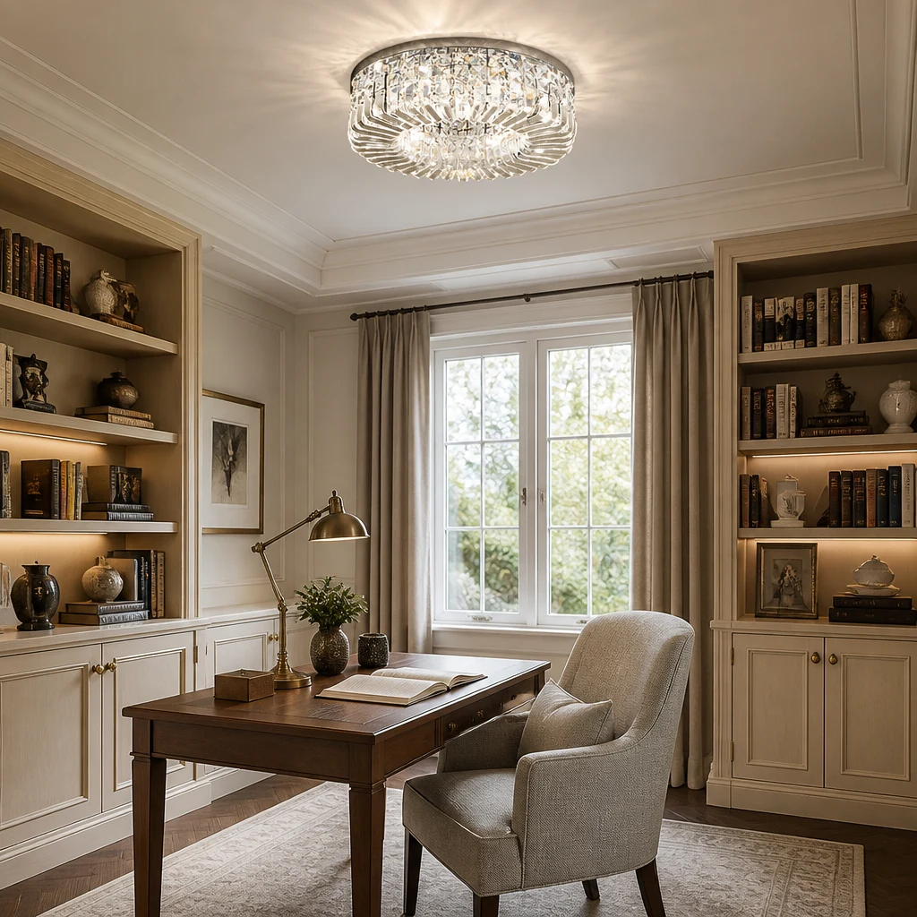 Elegante studio di medie dimensioni con lampada a soffitto Marilyn a incasso in cristallo cromato.