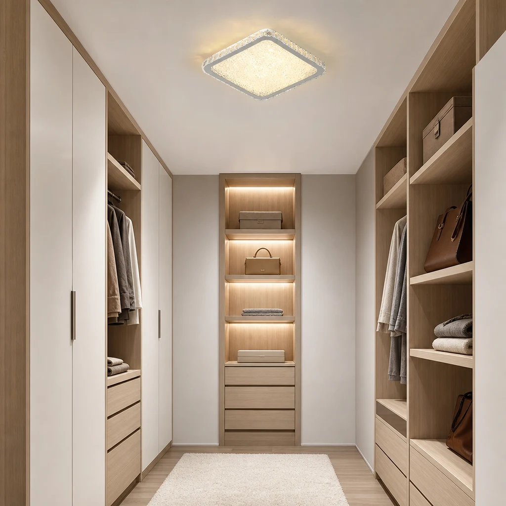 Couloir de dressing de style nordique moderne avec plafonnier LED encastré en cristal carré