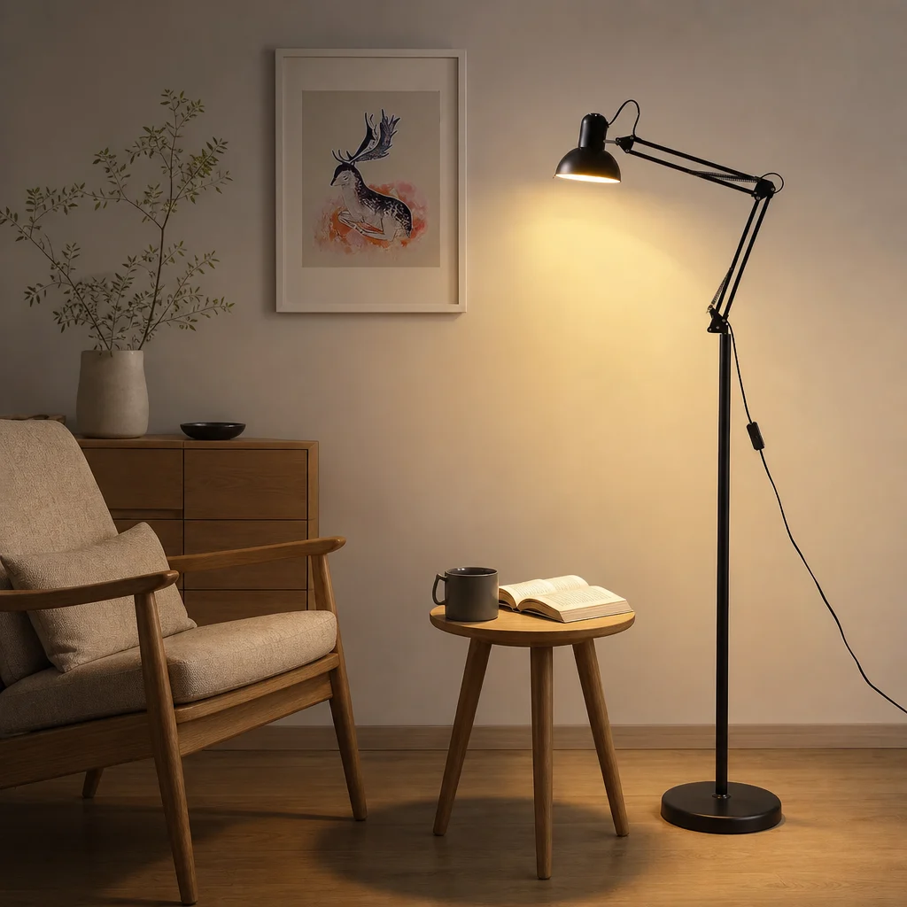 Morandi opklapbare vloerlamp naast een leesstoel