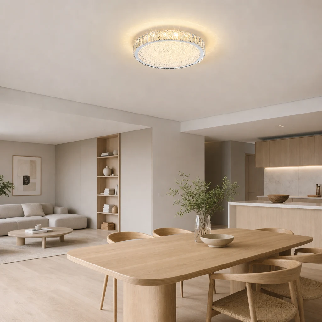 Pièce à vivre et salle à manger nordique moderne et ouverte avec un plafonnier LED rond en cristal à la lumière chaude.