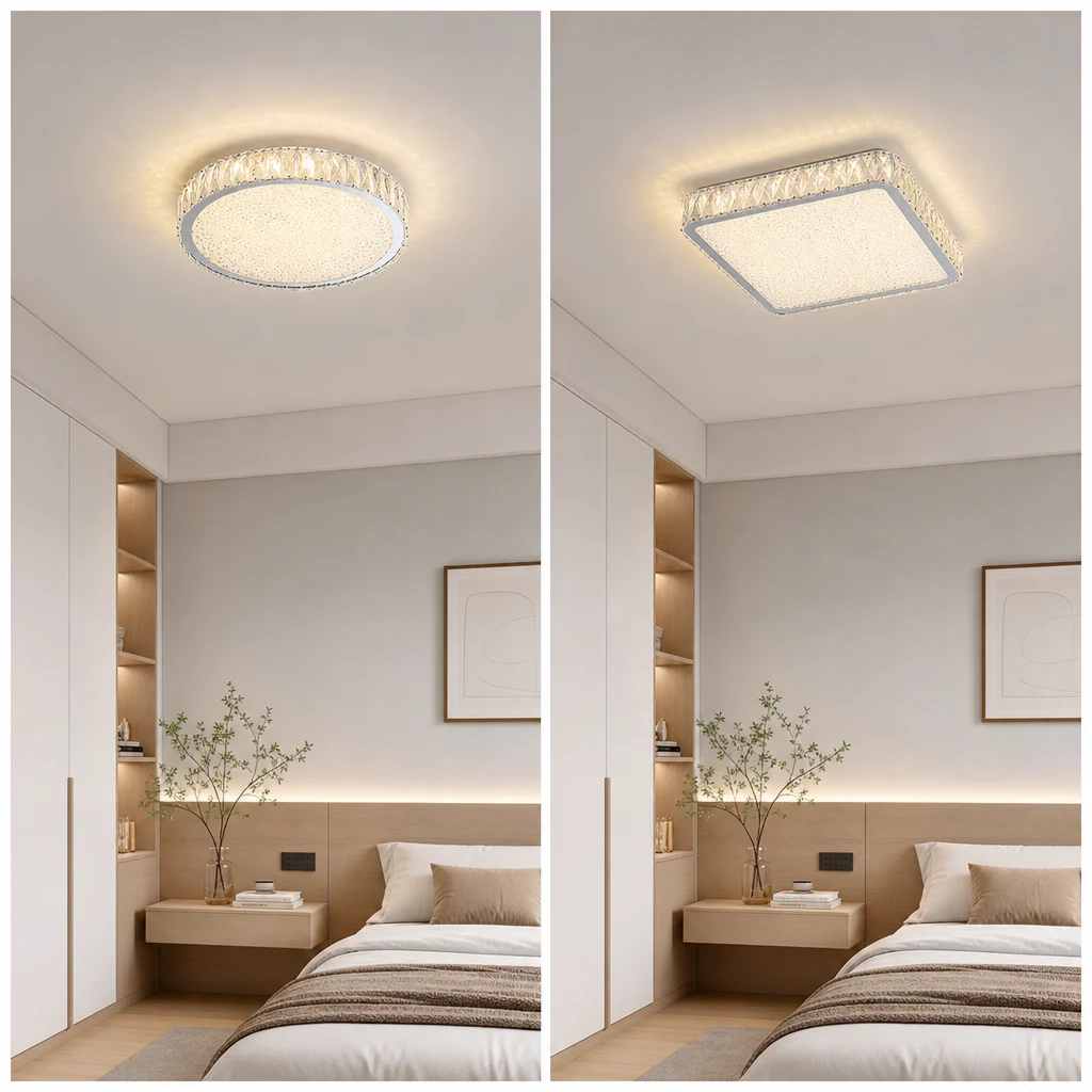 Plafonniers encastrés à LED en cristal rond et carré présentés dans des intérieurs nordiques modernes