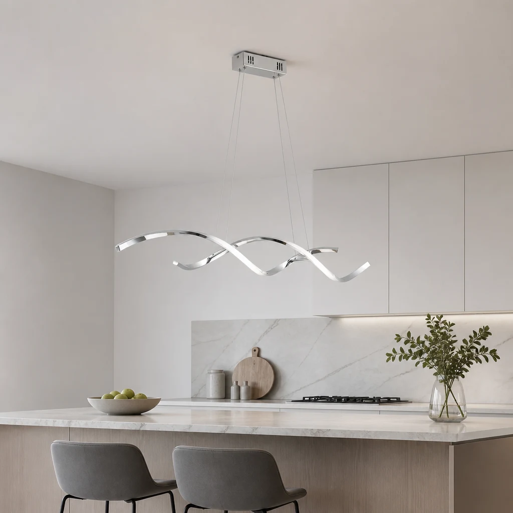 Moderner minimalistischer LED-Kronleuchter mit gebogener LED-Streifenform, Chrom-Finish
