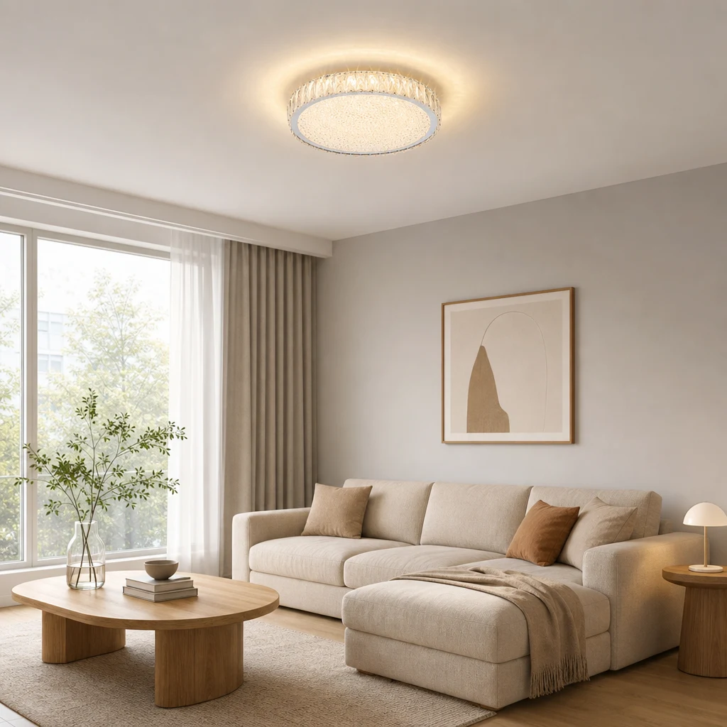 Plafonnier encastré rond en cristal et acier inoxydable à LED dans un salon nordique moderne