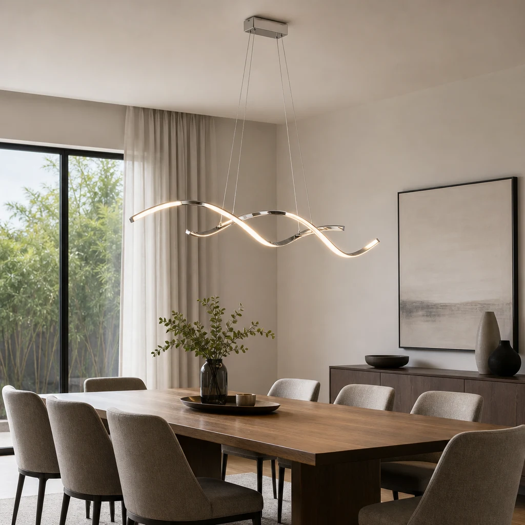 Moderne minimalistische LED-Kronleuchter-Lichtleiste mit gebogener Inselbeleuchtung, geeignet für 2 Räume