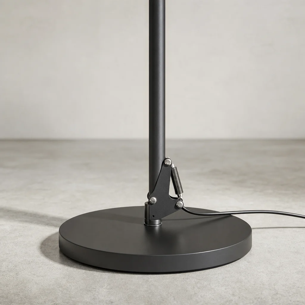 Detailweergave van de ronde voet van de vloerlamp.