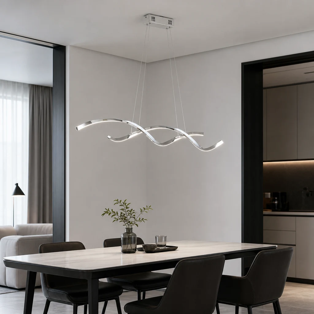 Moderner minimalistischer LED-Kronleuchter mit gebogener Leuchte in einer modernen Küche