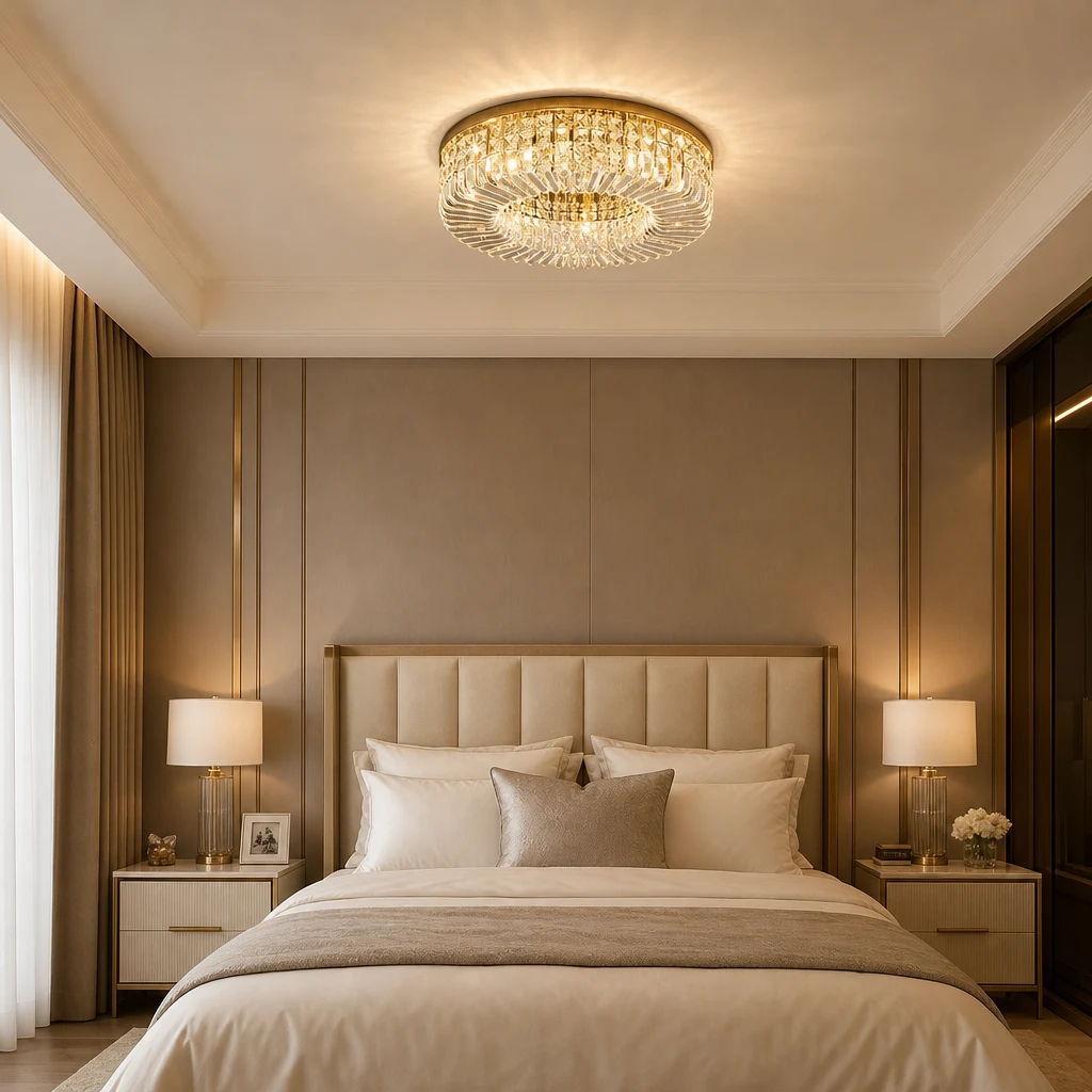 Plafoniera a incasso in cristallo Marilyn color oro per una camera da letto di lusso