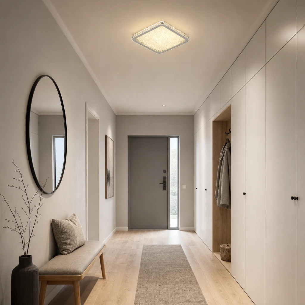Long couloir d'entrée de style nordique moderne avec plafonnier encastré à LED en cristal carré