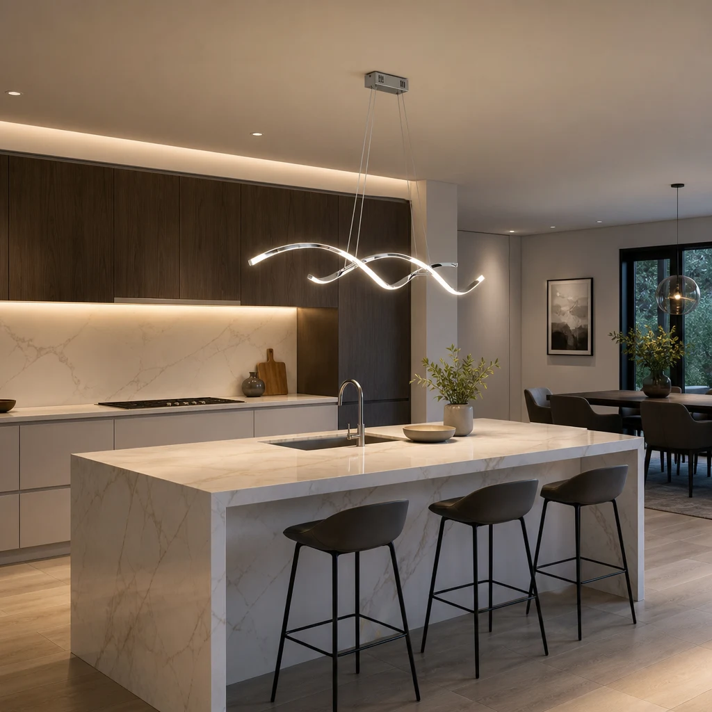 Moderne minimalistische LED-Kronleuchter-Lichtleiste mit gebogener Inselbeleuchtung, geeignet für 3 Räume