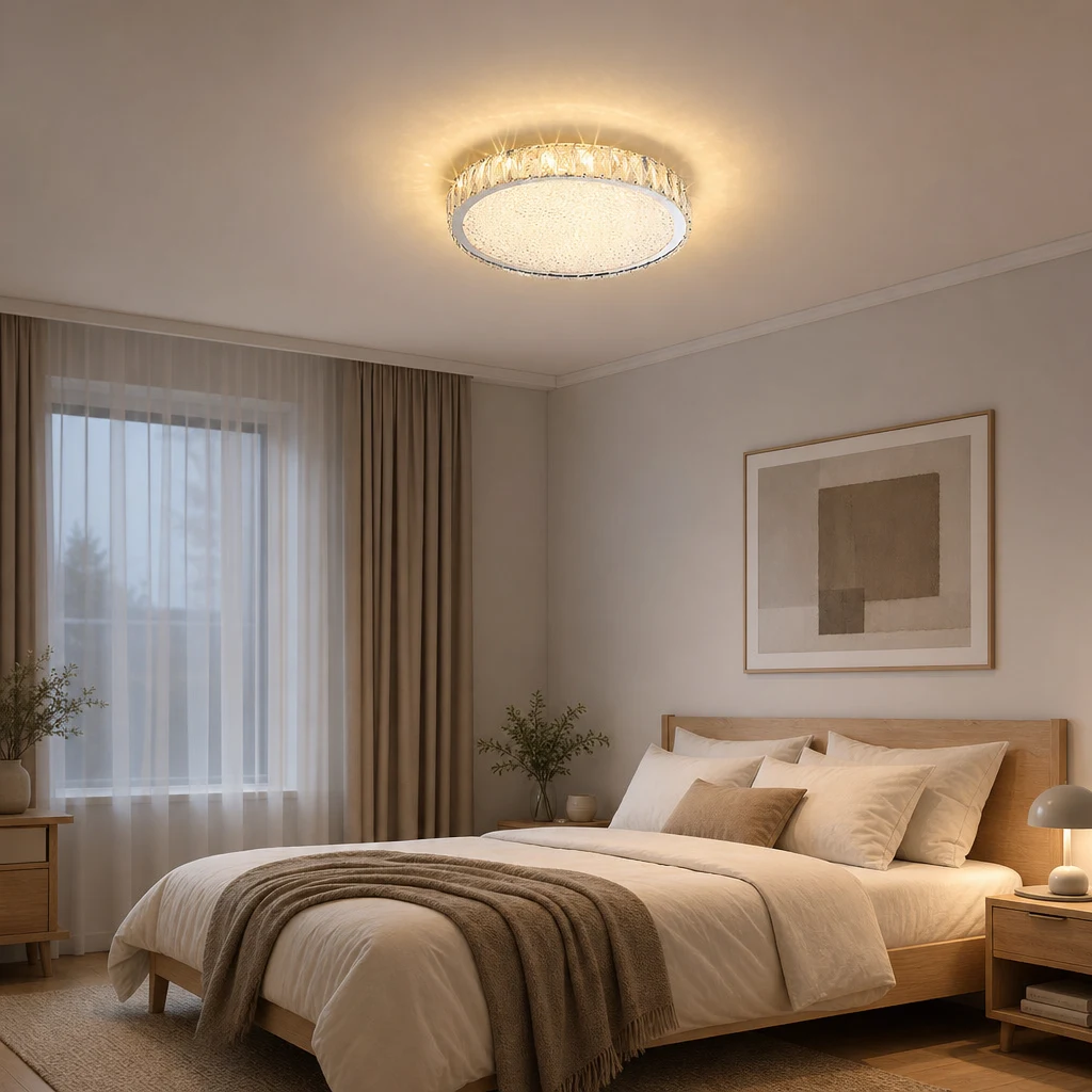 Chambre nordique avec plafonnier encastré en cristal chaleureux