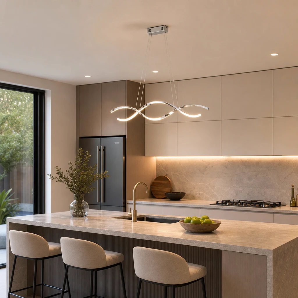 Moderne minimalistische LED-Kronleuchter-Streifenleuchte mit gebogener Inselbeleuchtung, geeignet für 1 Zimmer