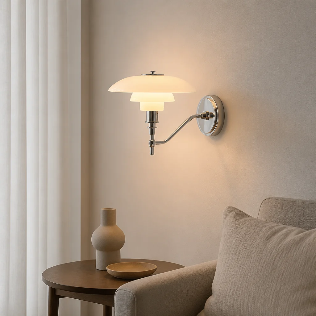 Applique murale blanche nordique installée comme élément décoratif dans le salon